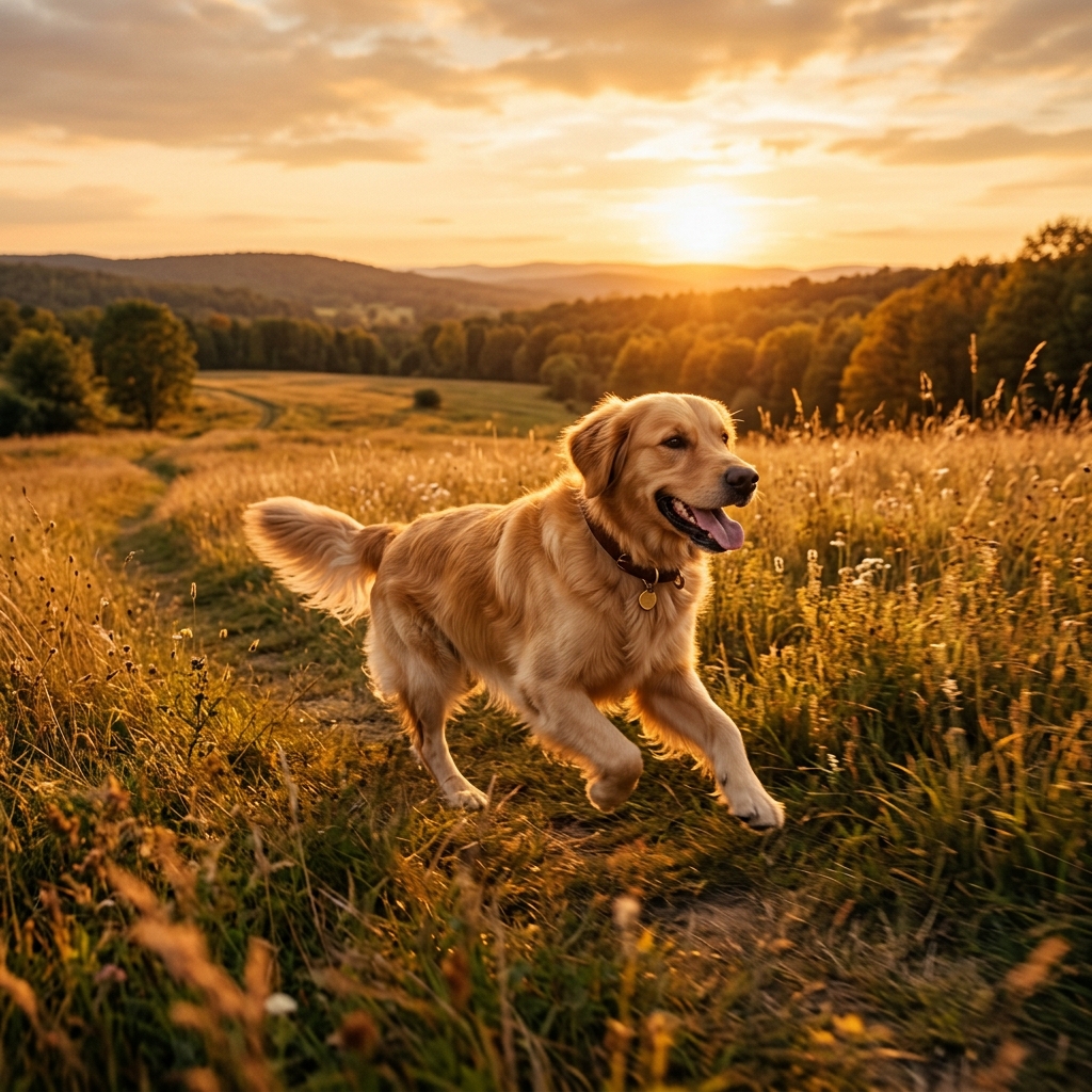 Healthy Golden Retriever running in an open field