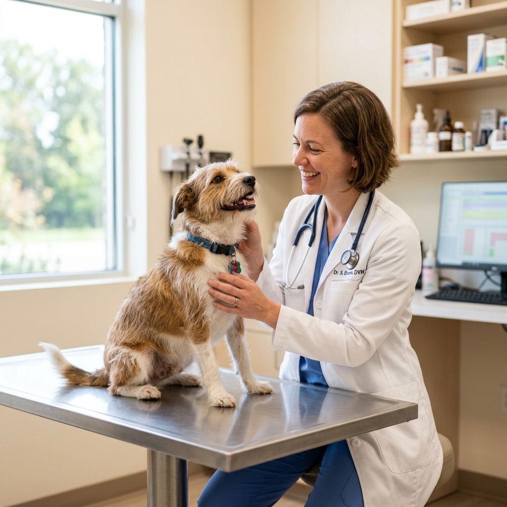 Veterinarian examining a healthy dog